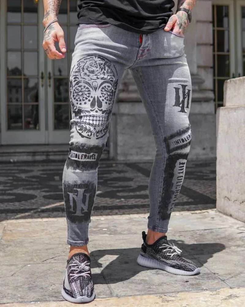 2025 Fashion Designer Summer New Jeans Men s Stretch Casual Slim Fit Grey Printed Pencil Pants Tight Outdoor Casual Pants Straight Leg Pants