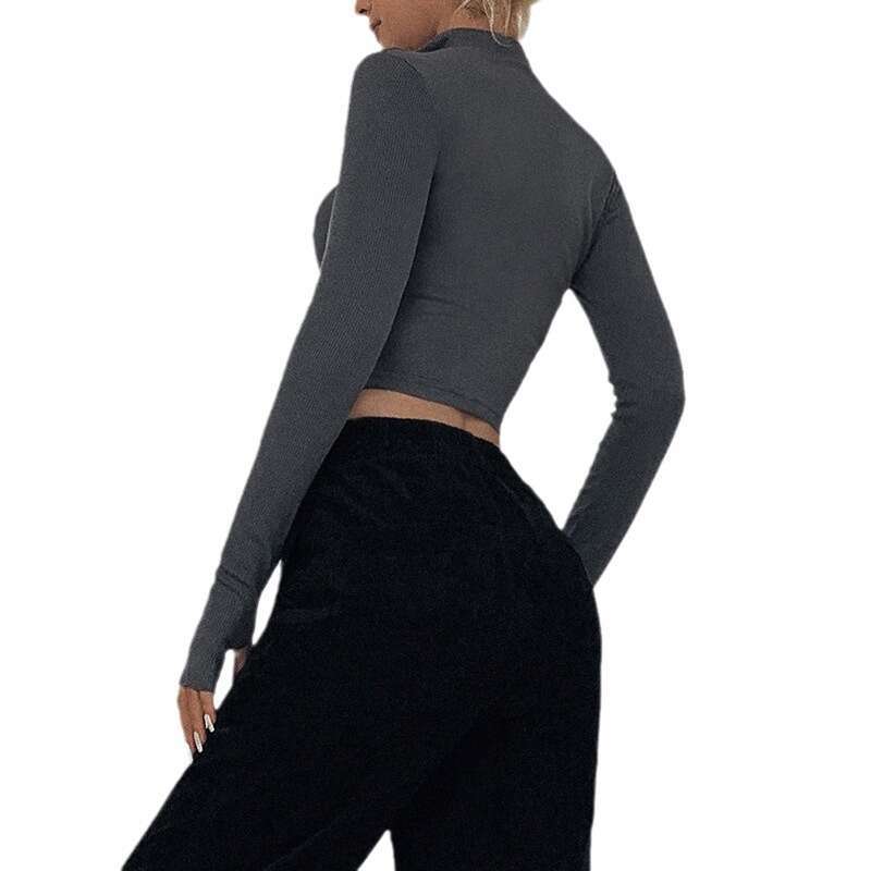 European and American Spring Women's Long Sleeve Zipper Half Open Collar Exposed Umbilical Versatile Slimming T-shirt 2025 New Casual Fashion Tre