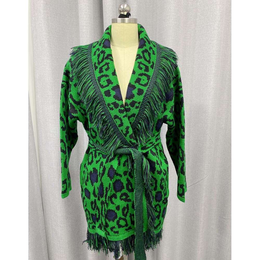 Autumn And Winter Leopard Print Jacquard Cardigan Sweater Wool Blend Loose Tassel Lace Up Knitted Jacket For Women