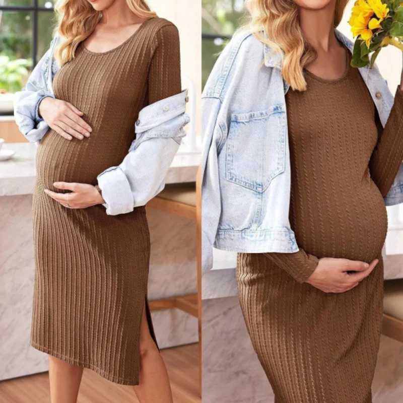 New Hot Sell Maternity Dresses Round Neck Long-sleeved Tight Solid Color Knit Ribbed Maternity Dress Spring Fall Women ClothesT250311