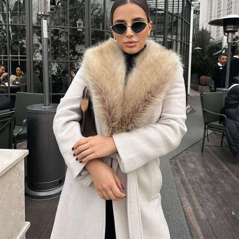 Woolen Woolen 2024 Winter New Style Elegant Fur Collar Long Jacket