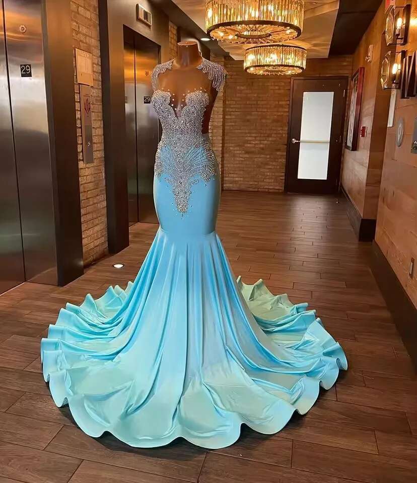 2025 Blue Mermaid Evening Dresses For Black Girls Sheer Top Dia Beaded Crystal Long Party Gowns Customized