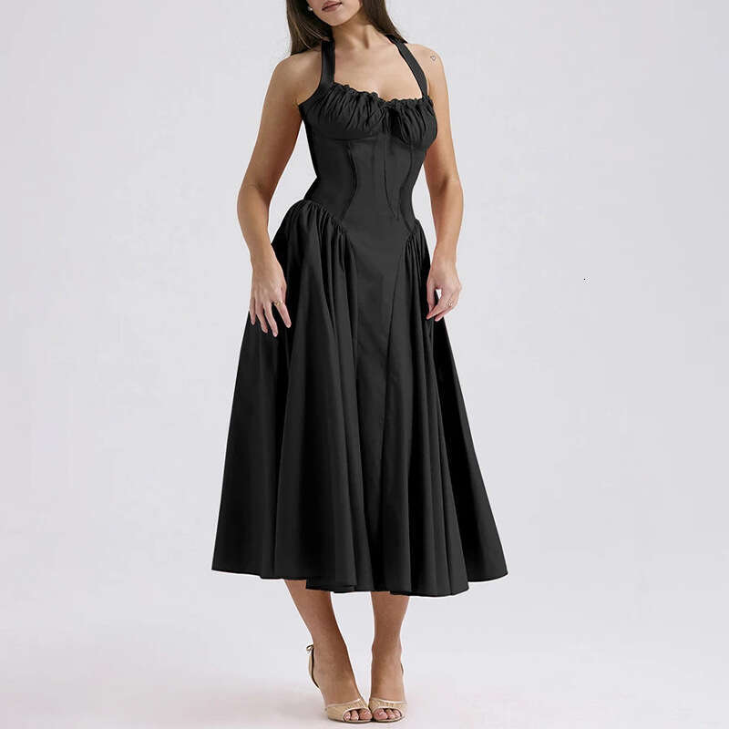 2025 Spring New Women's With Elegant Style, Hanging Neck Strap, Open Back Sleeveless Dress KLMY