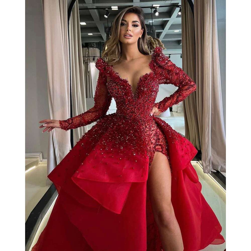 Red Mermaid Prom Dress, V-Neck Beading, Split High Side, Formal Evening Dresses