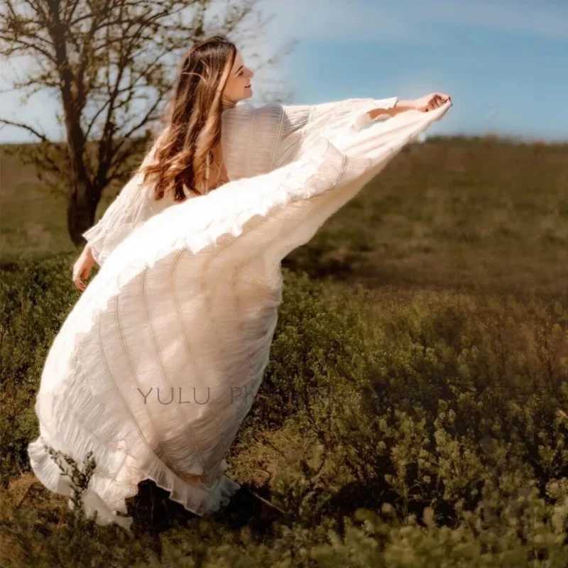 Boho Rustic Maternity Dress Photography Props Chiffon Pleated Slit Dress Pregnant Women V-neck Sexy Gypsy Dress Photoshoot Clothes X250224