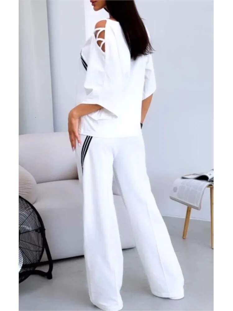 Spring Summer Women Fashion Two Pieces Sets 2025 New Off-The-Shoulder Loose Short Sleeve Top And Pants Suits Outfits Clothing