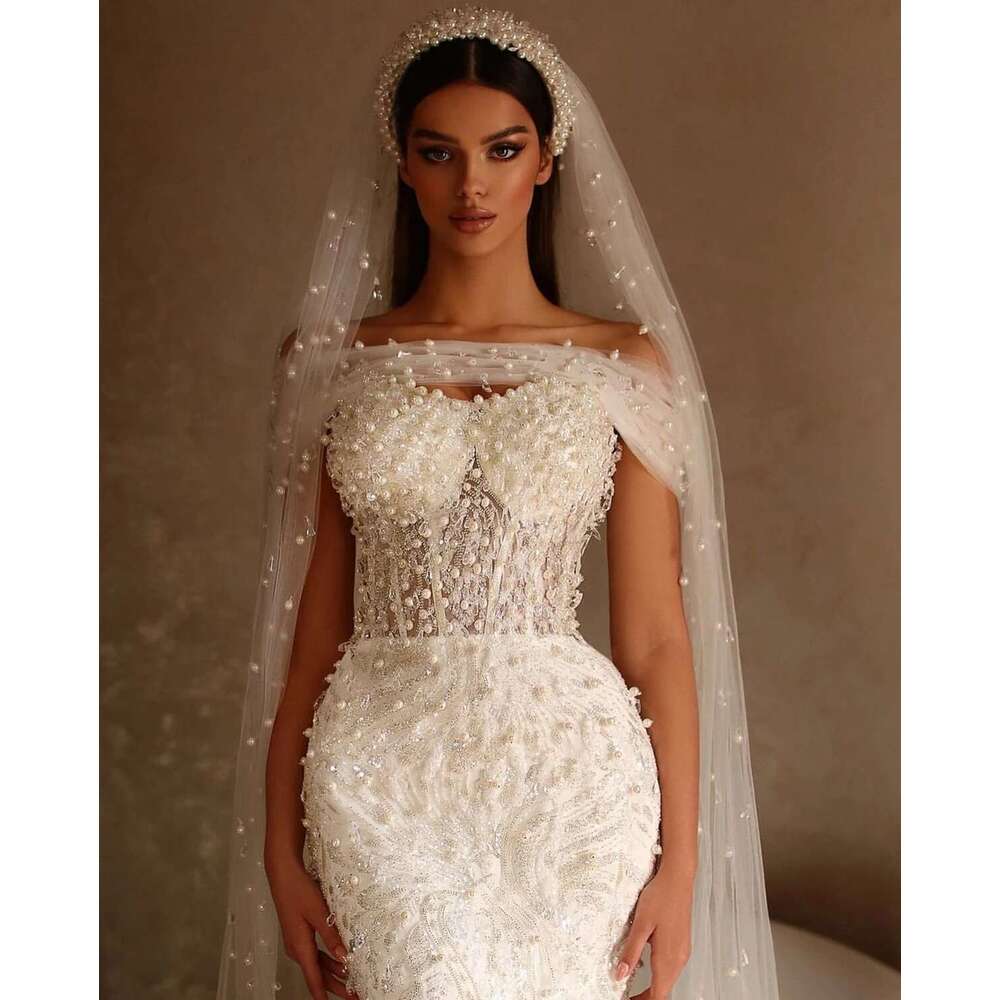 Pearl exquisite mermaid fashion sleeveless wedding dresses made to order lace bridal dress