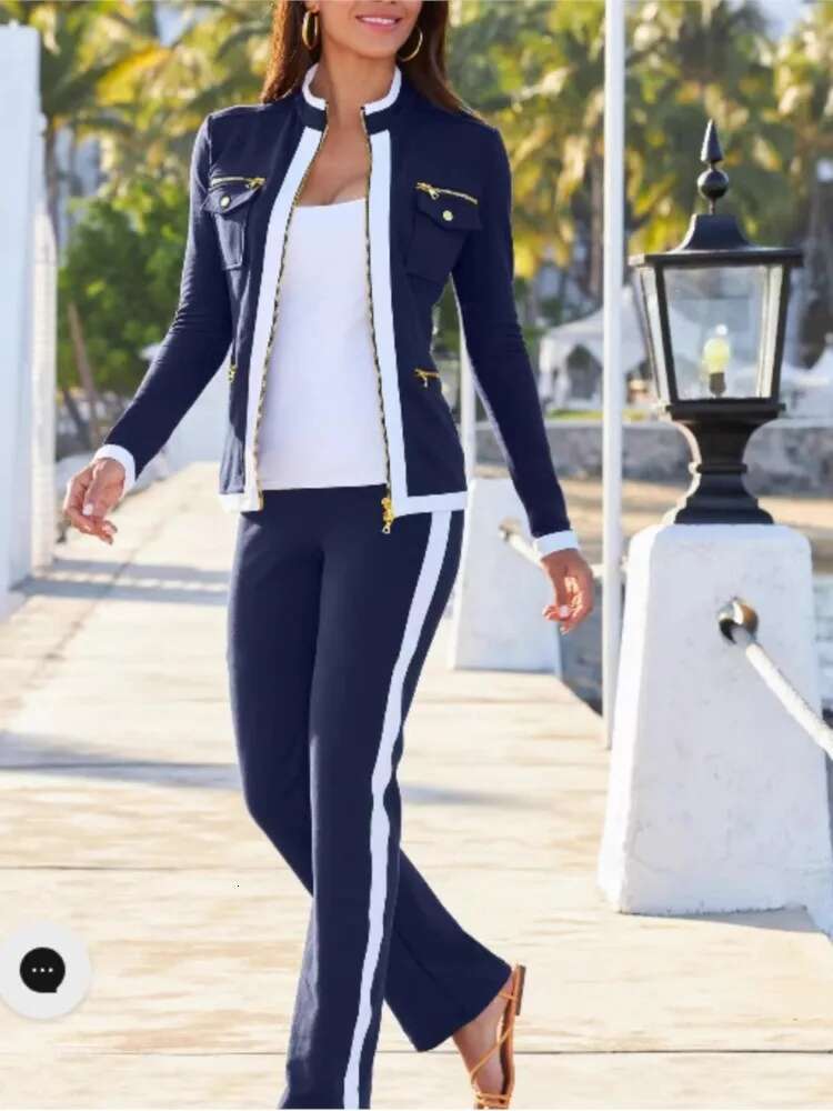 2 Piece Outfit Winter Fall Fashion O-Neck Long Sleeve Zipper Top Coat Elegant Straight Pant Set Women Sports Clothing