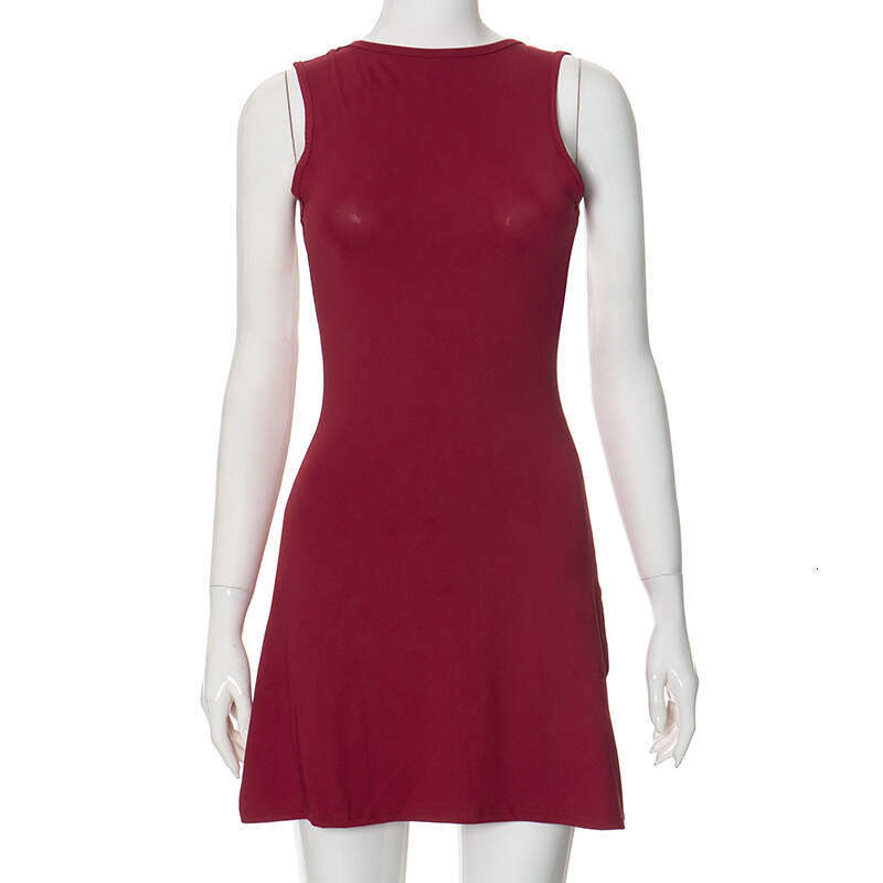 K24DS030 European and American women's summer solid color round neck sleeveless backless ruffle edge casual hip hing dress 2025 temperament versa