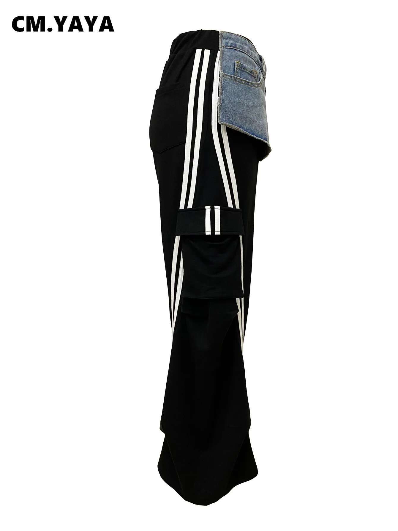 Cm.Yaya Fashion Women Denim Patchwork Pocket Side Wide Leg Loose Jogger Pants 2024 Active Jean Splicing Sweatpants Trousers