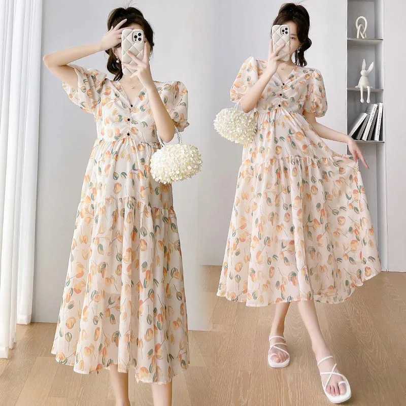 Maternity Dress Summer Printed Sweet Bubble Short Sleeves High Waist A Line Clothes for Pregnant Women Pregnancy DressessT250311