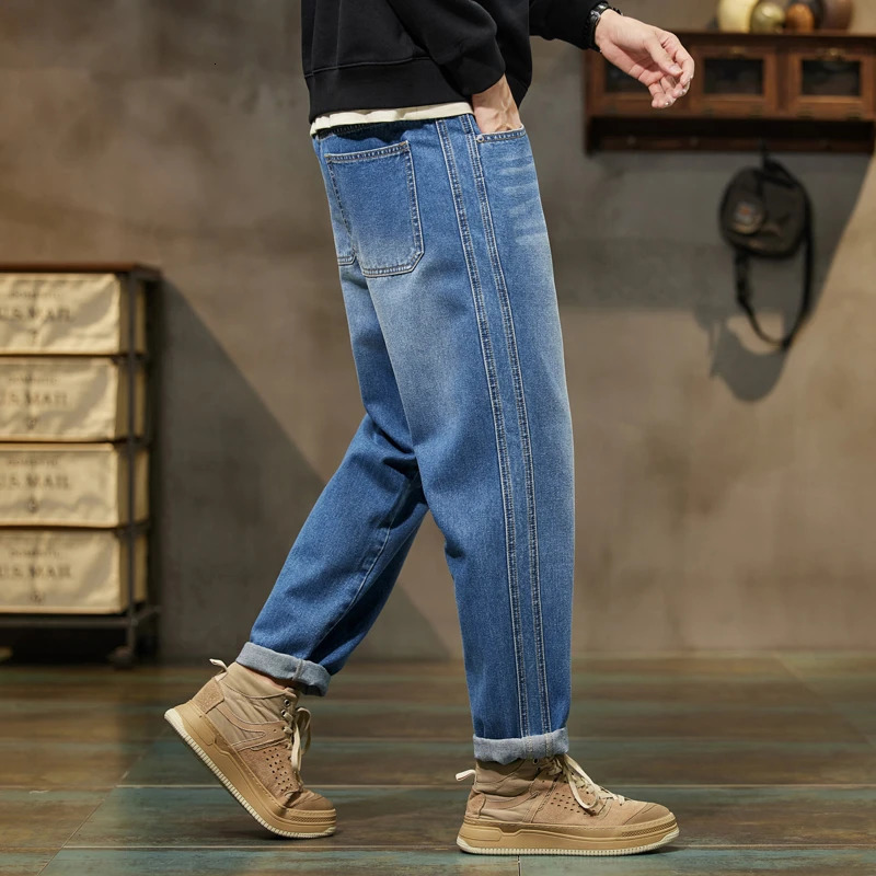 Baggy Pants Loose Fit Retro Blue Harem Vintage Clothes Jeans Men Wide Leg Fashion Pockets 250311