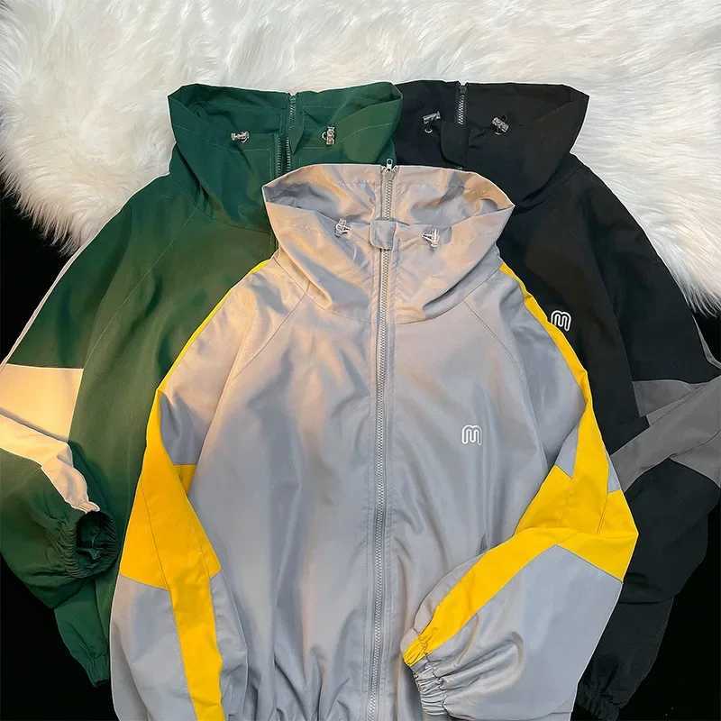 Vintage American Style Loose Fit Men Womens Jacket Thin Spring Autumn Quilted Stand Collar Jacket Color Block Couple TrenchcoatT250311