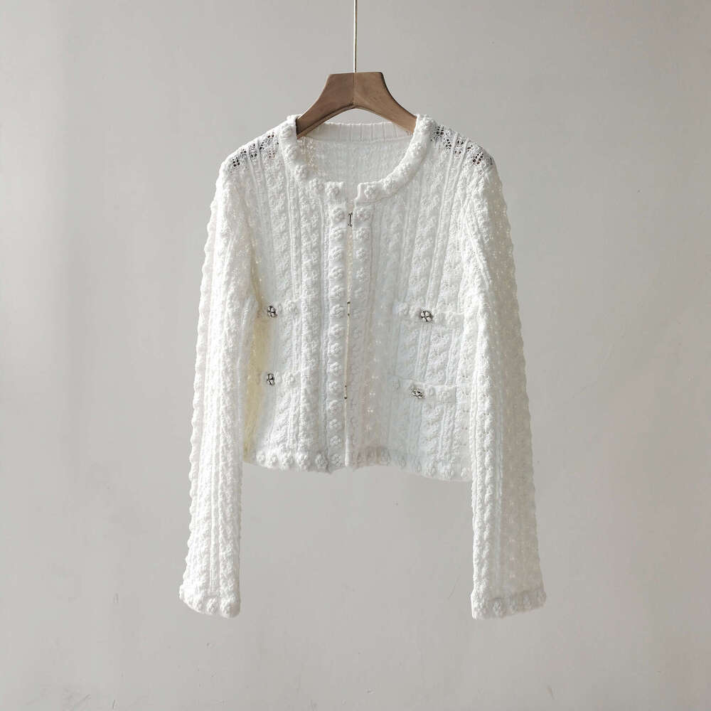 Pure Yuan High-End Small Fragrance Style Jacket Summer New Item Flower Metal Button Round Neck Hollow Knitted Cardigan Women's