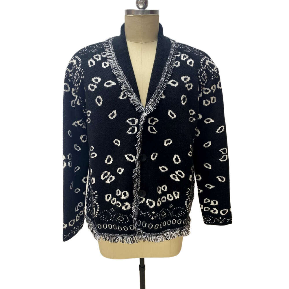Autumn/Winter Men's Wool Blended Sweater Coat Cashew Flower Jacquard Thick Collar Long Sleeve Tassel Cardigan Trendy