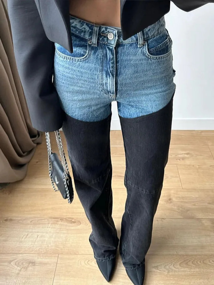 Panelled Patchwork Straight Denim Pants Women Slim Fit High Waist Jeans Female Spring Summer Fashion ner Y2K Trousers 250311