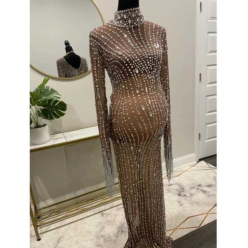 Rhinestone Embellished Maternity Dress For Pregnancy Photoshoot Pregnant Photography Outfit Sexy Stretchy Skinny Women Mesh Gown X250224