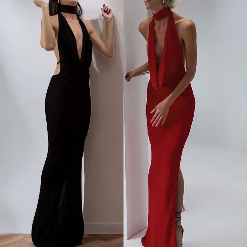 Women's 2025 Spring New Style Elegant Hanging Neck V-Neck Open Back Side Split Dress KLMY