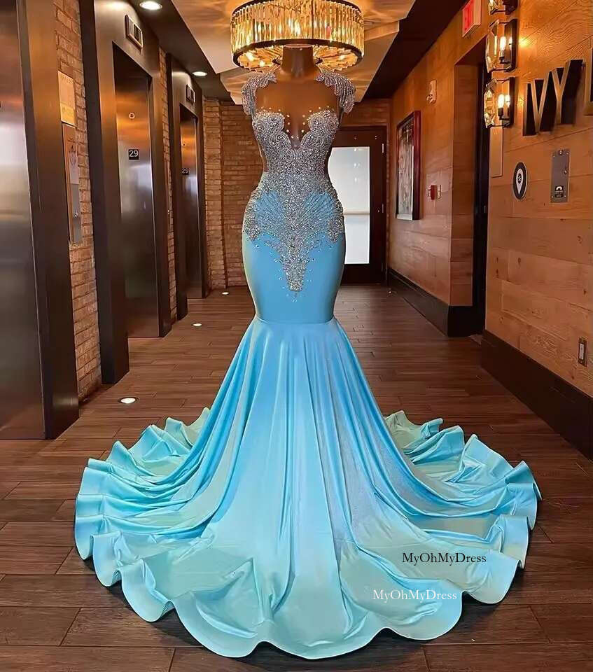 2025 Blue Mermaid Evening Dresses For Black Girls Sheer Top Dia Beaded Crystal Long Party Gowns Customized