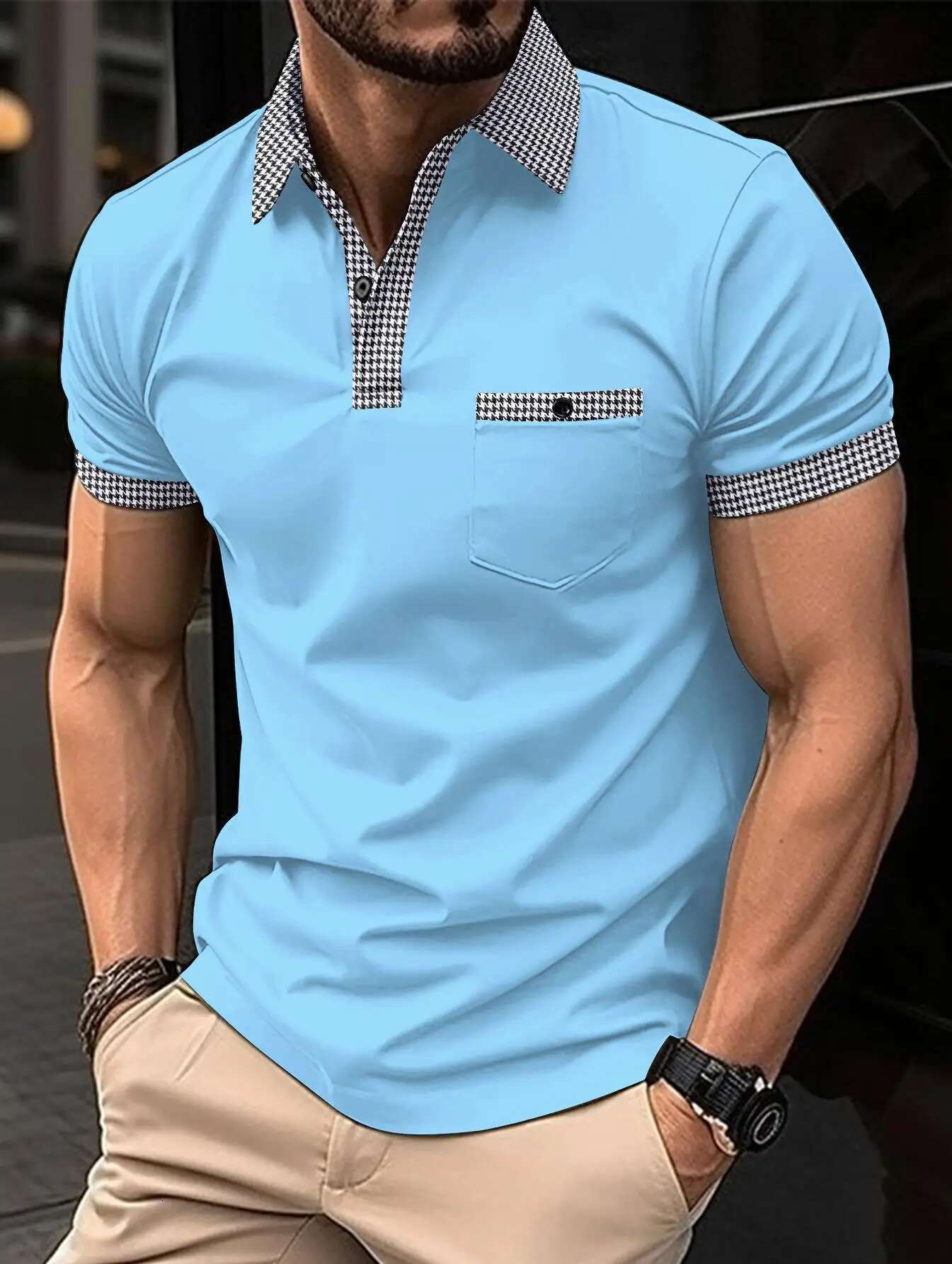 Summer Men Shirt Solid Color Turn Down Collar Button Tops Short Sleeve Business Casual Oversized Design Clothes Polo Shirts