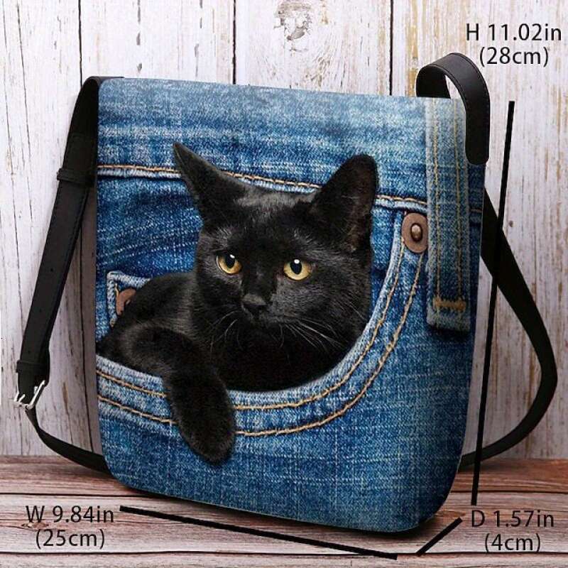 1pc Bohemian Denim-Like cking Fabric Cat Print Women - Light Blue/Red/Yellow, Polyester ed, & Stylish for Everyday Use, Outdoor Accessory Playful Desi