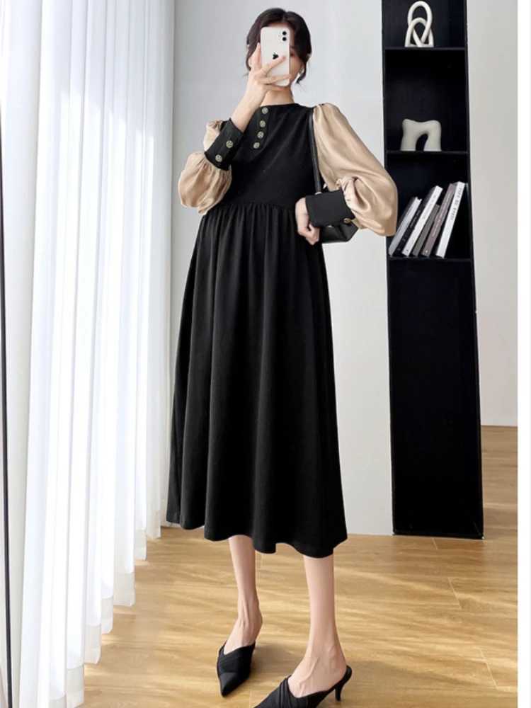 2023 Autumn maternity dress Elegant Fashion Button Dress pregnant women clothing Long Sleeve Patchwork Vestido de fotografiaT250311