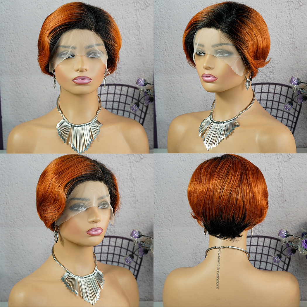 8 Inch Side Part Pixie Cut Wig T Lace Front Real Human Hair Brown to Orange Ombre Perfect for a Trendy and Natural Look