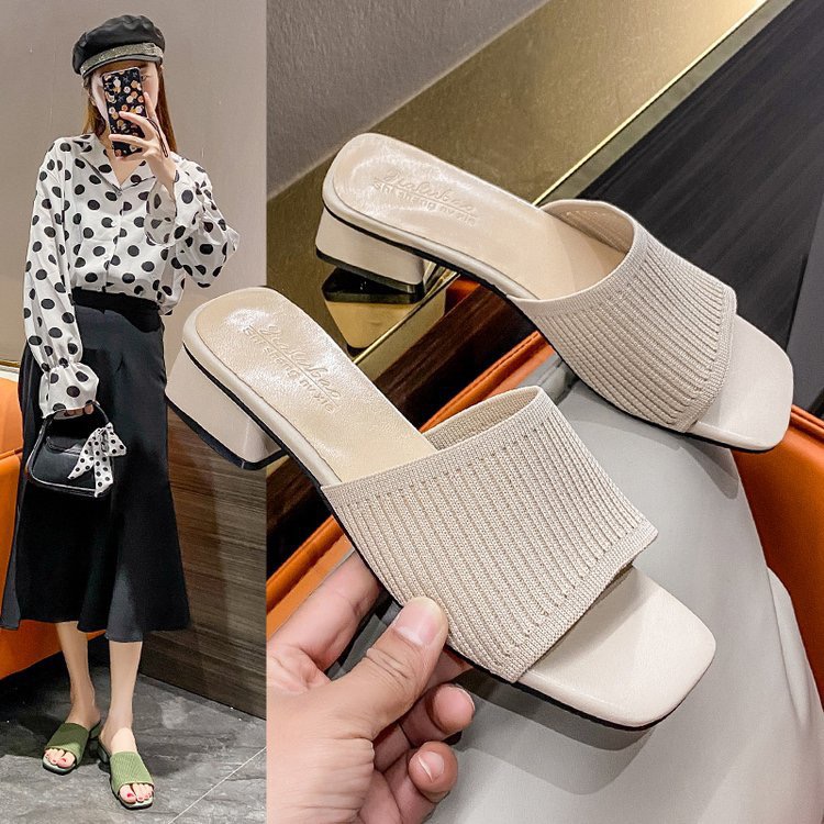 Shoes for Trendy Women Slippers Outdoor Summer Fashion Knitted Stretch Square Heel Open Toe Thick Sandals Huaraches Mujer b553