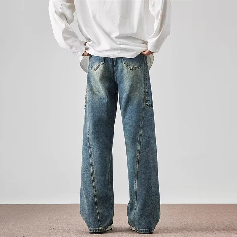 Retro MultiPocket Cargo Jeans For Men Y2K Vintage Distressed Baggy Denim Pants Autumn High Street Straight Wide Leg Jean 250311