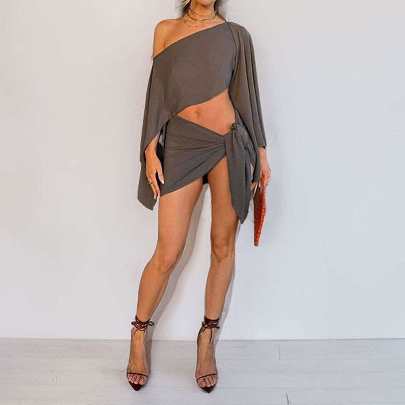 2025 New Vacation Wrap Skirt One Collar Off Shoulder Top Fashion Women's Two Piece Set KLMY