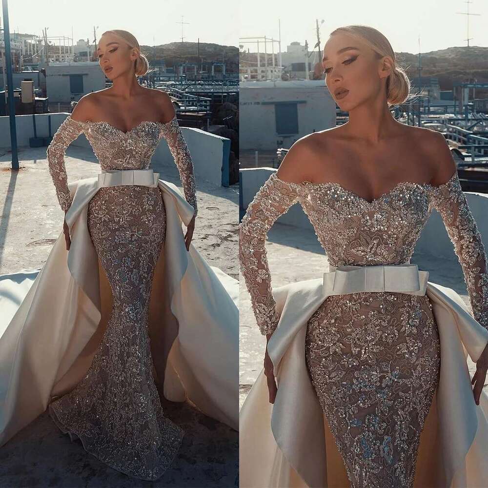 Essential Off Shoulder Beading Long Sleeve, Lace Bridal Dresses, Up To The Floor, Glitter