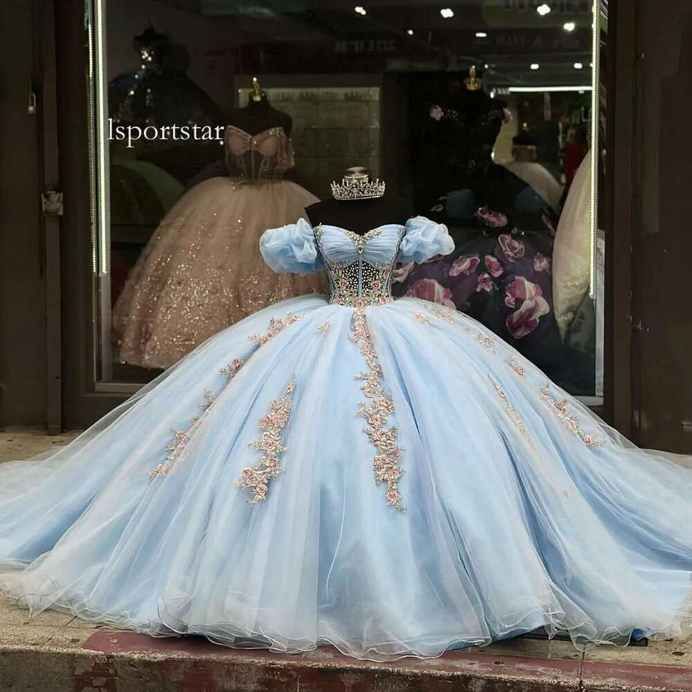 Light Crystals Ball Gown Appliqued Quinceanera Dresses Pearls Prom Gowns Off The Shoulder Necke Sixteen Sweet 15 Corset Masquerade Dress 6660311