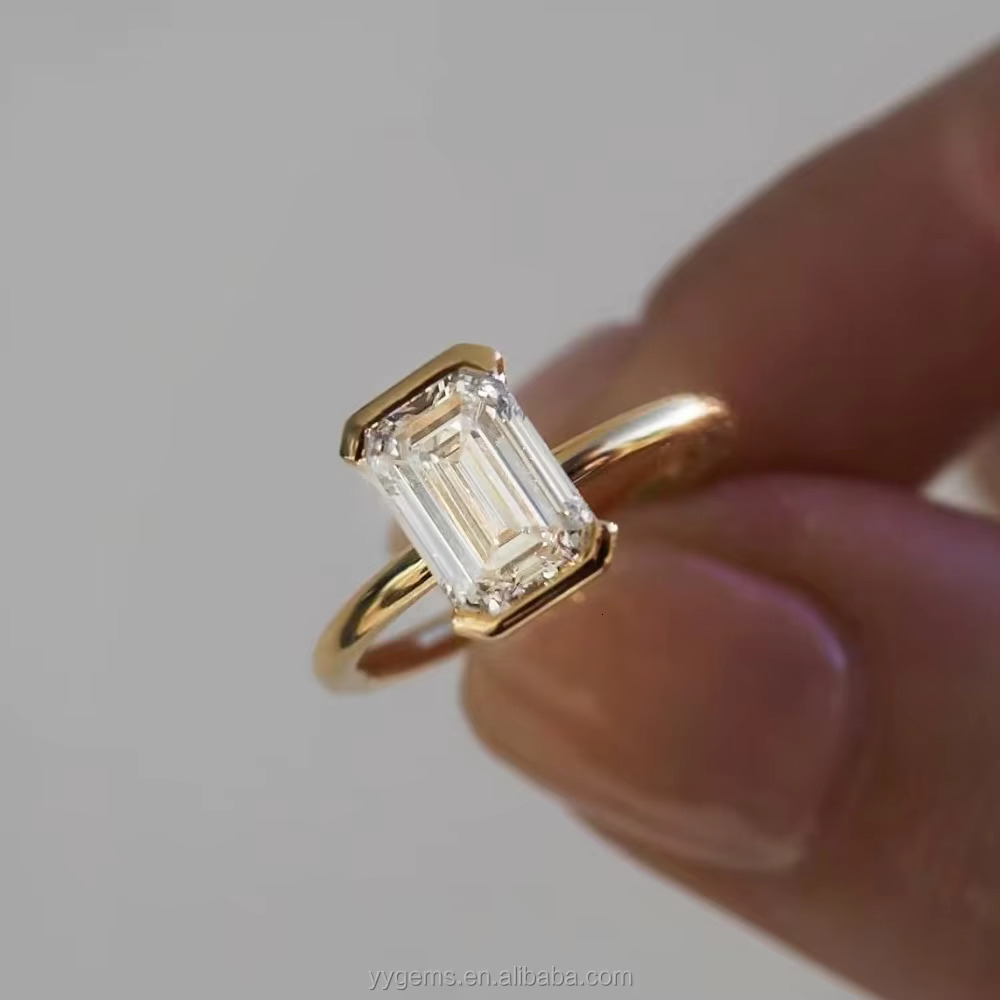 Customized 14K Yellow Gold Half Bezel Setting 6*9 Ridine Che Moissanite Solitaire Wedding Ring Fine Jewelry Women Rings