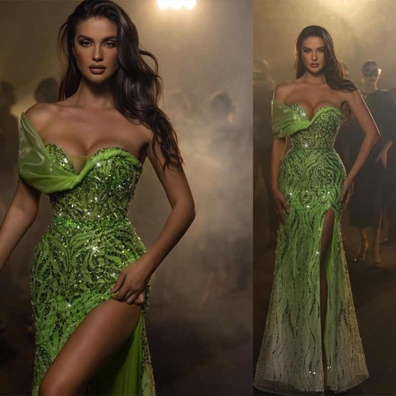 Sparkly Mermaid Evening Dress Sequins Sweetheart Neck Prom Gown High Split Sweep Train Party Dresses Customized High Quality