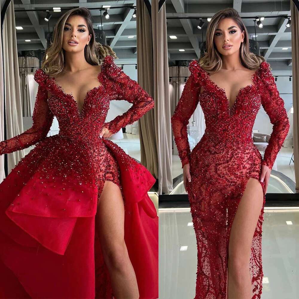 Red Mermaid Prom Dress, V-Neck Beading, Split High Side, Formal Evening Dresses