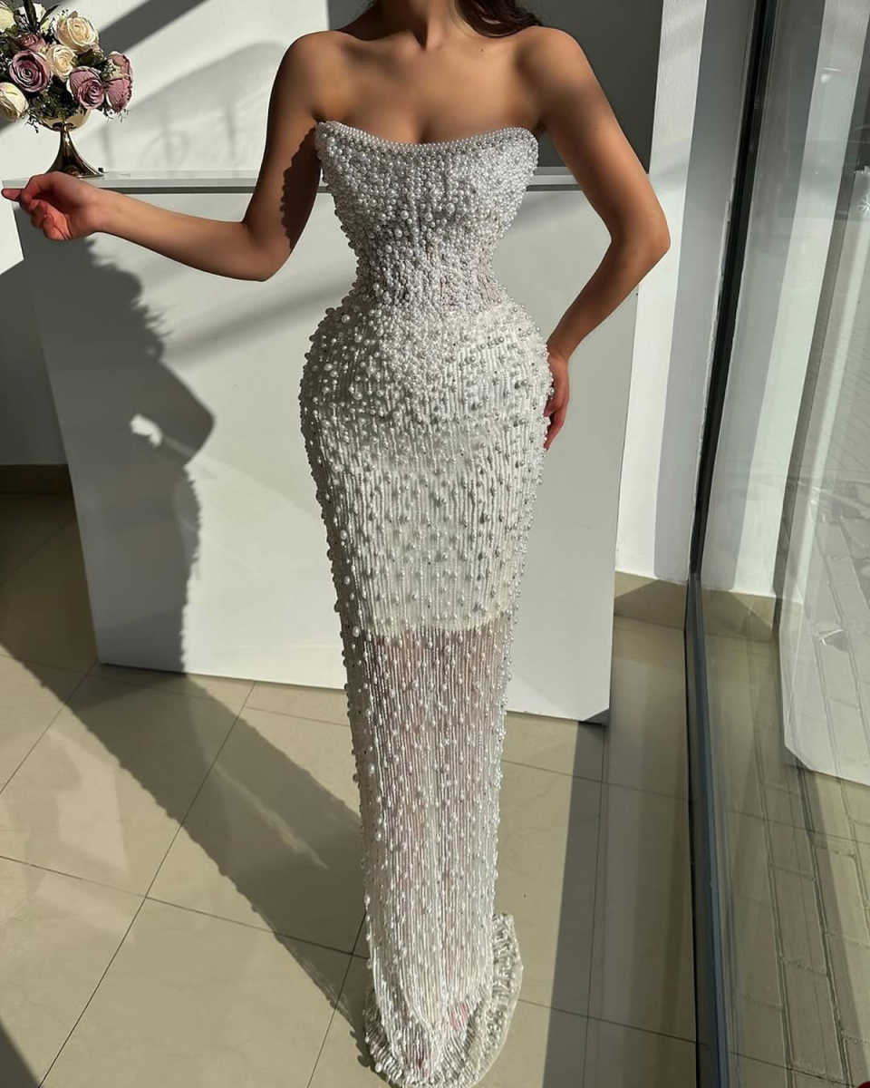 Gorgeous Mermaid Wedding Dress Beading Pearls Lace Strapless Bride Gowns Sheath Sweep Train Bridal Dresses Customized
