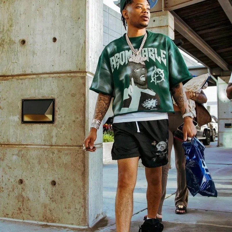 Y2K Trend American Hip-hop Punk Portrait Graphic Print Super Green T-shirt Mens and Womens T-neck Cotton Short Shirt 250310