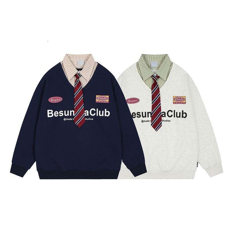 American High Street Fake Two Piece Polo Tie Hoodie For Men Women Spring And Autumn New Loose Korean Lazy College Style Coat