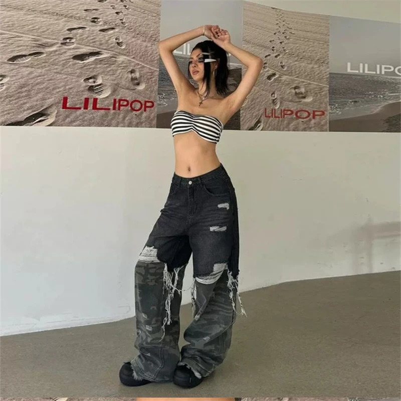 Womens Camouflage Splicing n Denim Trousers Summer Cool Girl Pant Vintage Bottoms Female High Waist Wideleg Neutral Jeans 250311