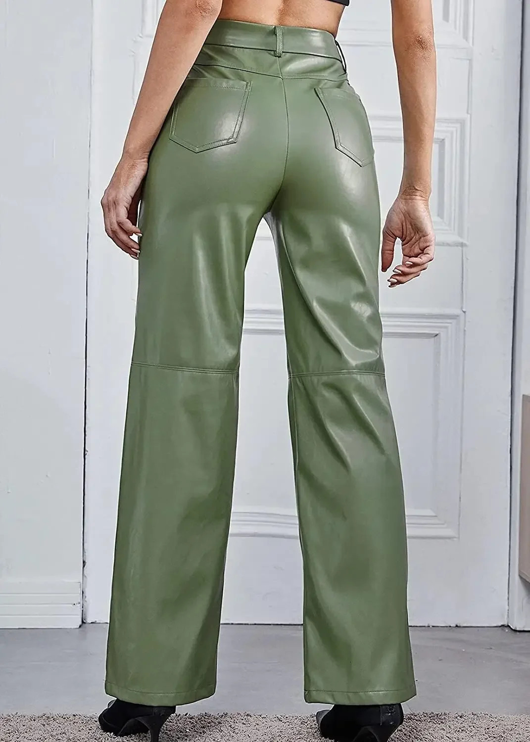 Womens Leather Pants High Waist Straight Slimming Side Pockets Solid Color Casual Party Fall Trousers Spring Autumn Clothes 250305