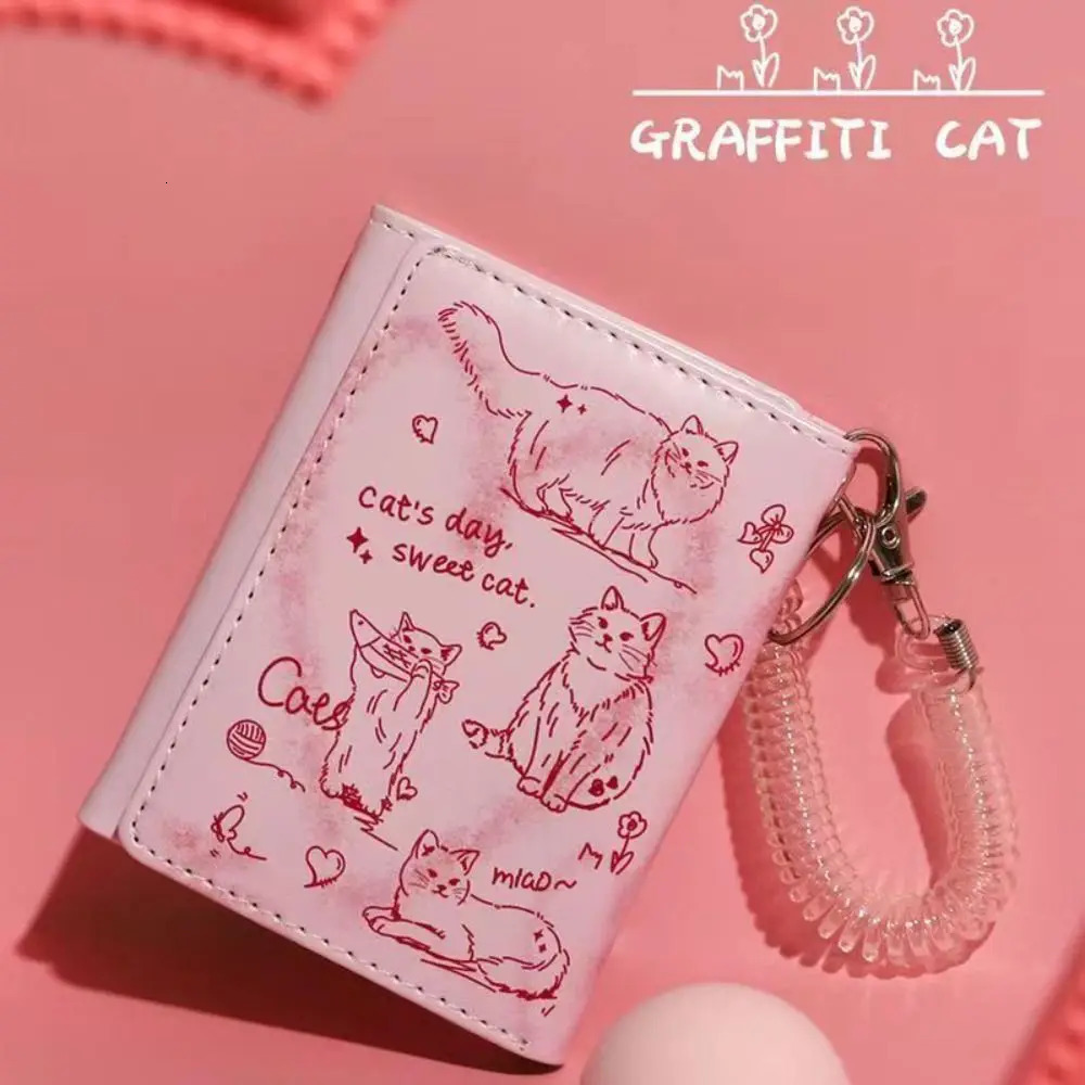 Womens Wallet Leather Card Holder Graffiti Cat Portable Coin Large Capacity Money Bag 250311