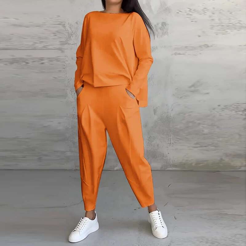 Two Piece Set For Women Long Sleeve O Neck Tops Elastic Waist Pants Solid Fashion Casual Sportswear 2025 Spring Pant Suit