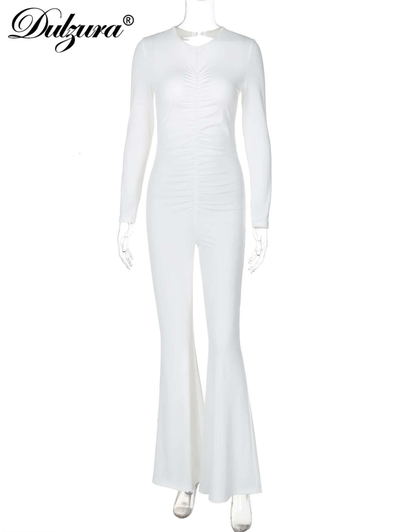 Dulzura Long Sleeves Ruched Backless Flare Jumpsuits Solid Sexy Elegant Bodycon Rompers Women Party Clubwear Autumn Winter