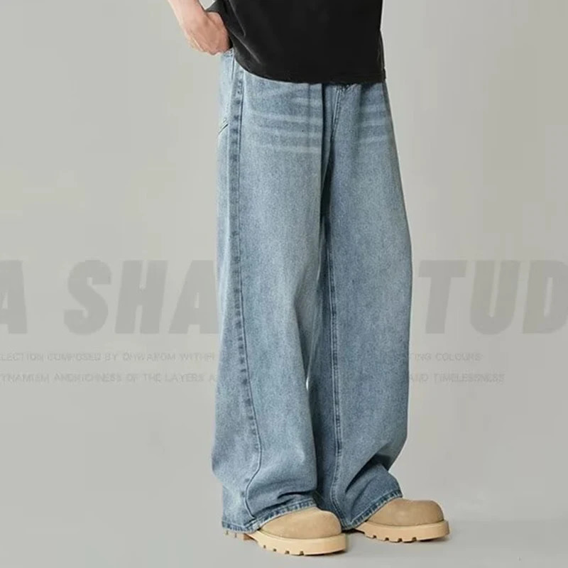 Mens Fashion High Waist Wide Leg Jeans Retro American Denim Pants Classic Bagged Street Clothing Casual Trousers 250311