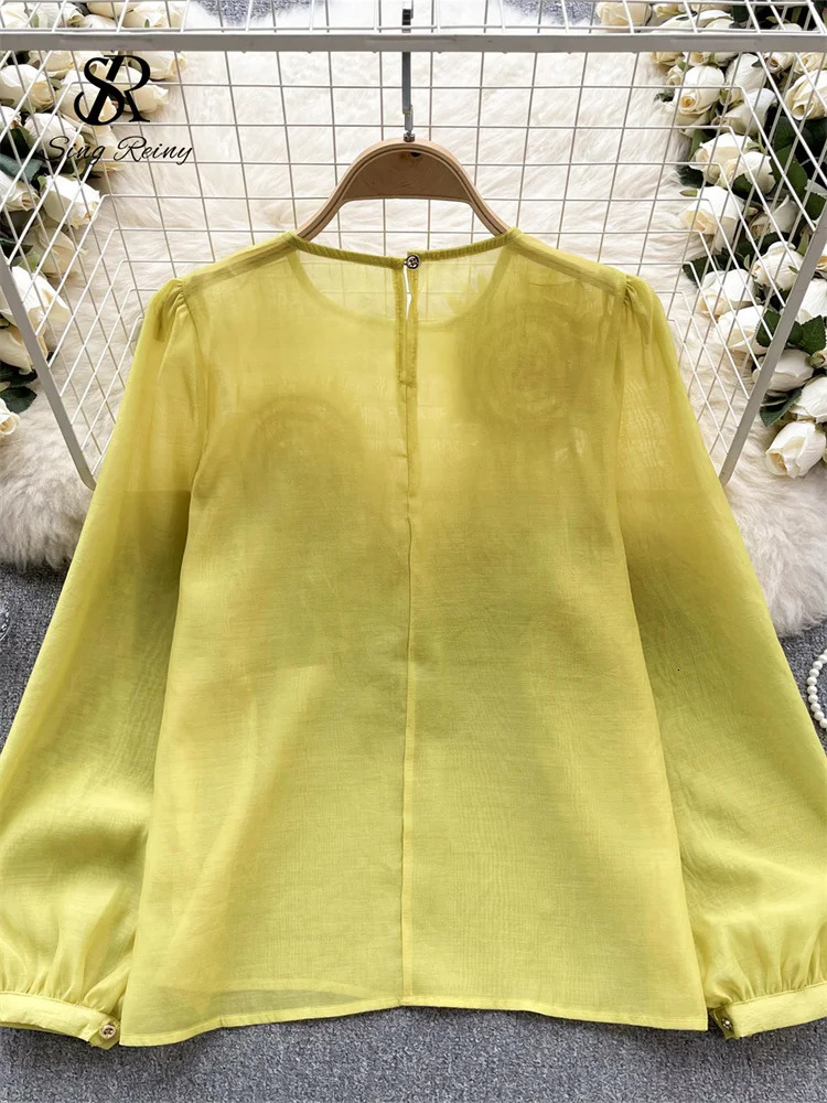 Singreiny Spring loose satin shirt womens Oneck long sleeved transparent bohemian top 3D floral casual 250310
