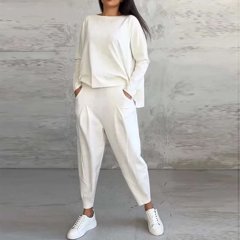 Two Piece Set For Women Long Sleeve O Neck Tops Elastic Waist Pants Solid Fashion Casual Sportswear 2025 Spring Pant Suit