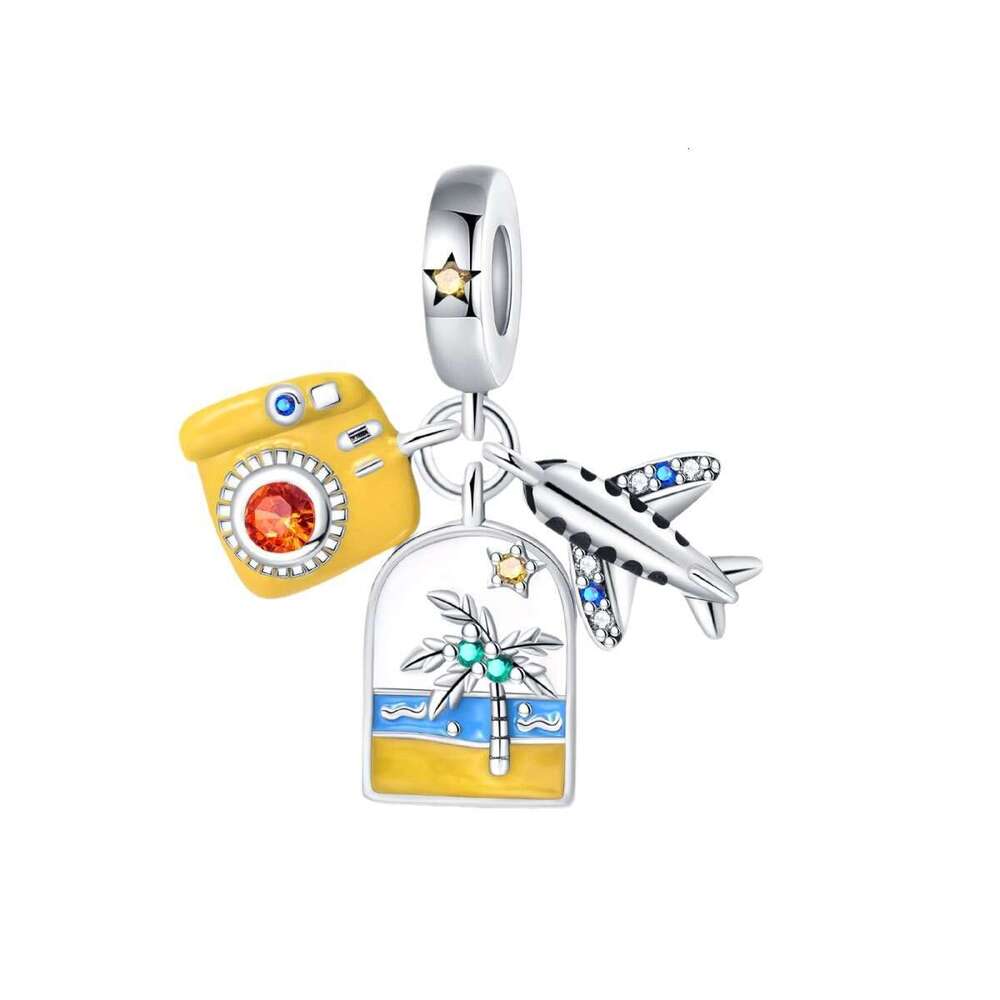Summer Ocean Travel vacation airplane Charms Retro Luggage beads DIY jewelry 925 Sterling Silver bracelet for women gift
