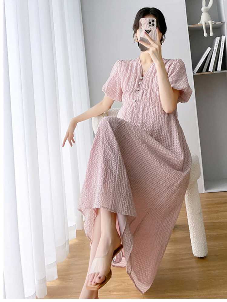 Summer Maternity Women Dresses V-neck Short sleeved Pregnant Womens Dress Pink Sweet Pregnant Women Dress Maternity Maxi DressT250311