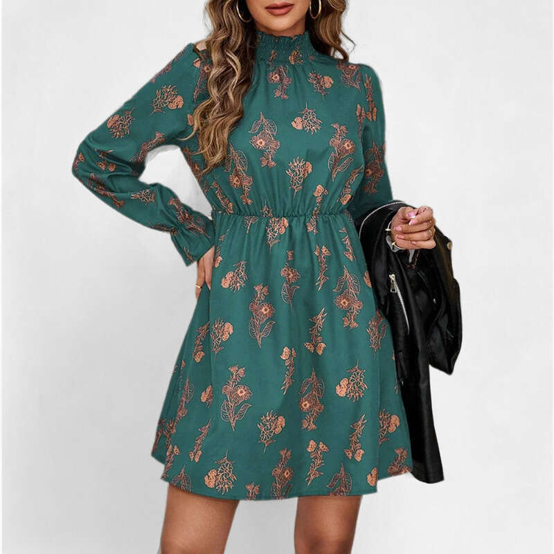 2025 Spring New Women's Clothing Style French Floral Half High Collar Waist Dress For Women KLMY