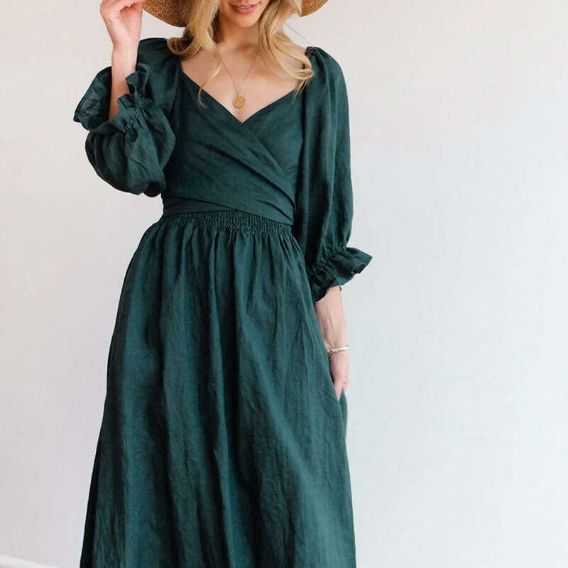 2025 Women's New Sexy Trendy Bubble Sleeve V-Neck Loose High Waist Dress For Women KLMY